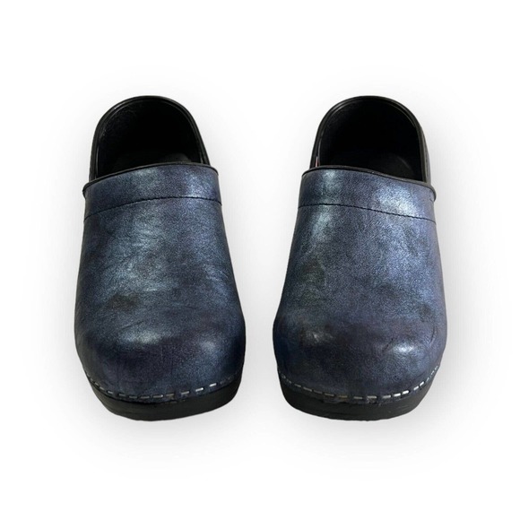 Sanita Women’s Blue Shimmer & Black Leather Professional Bottom Clogs Size 8 - Picture 7 of 12